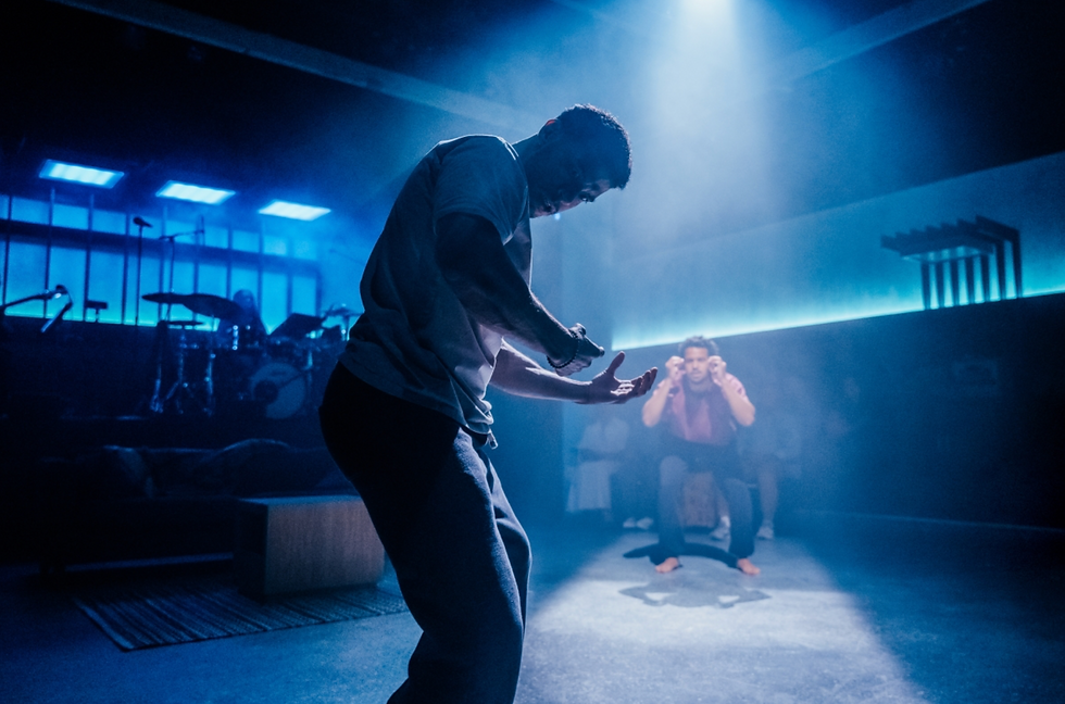 From left: Alex Hernandez (Bastian) and Marlon Alexander Vargas (Fito) in "littleboy/littleman" at Geffen Playhouse (Photo by Jeff Lorch)