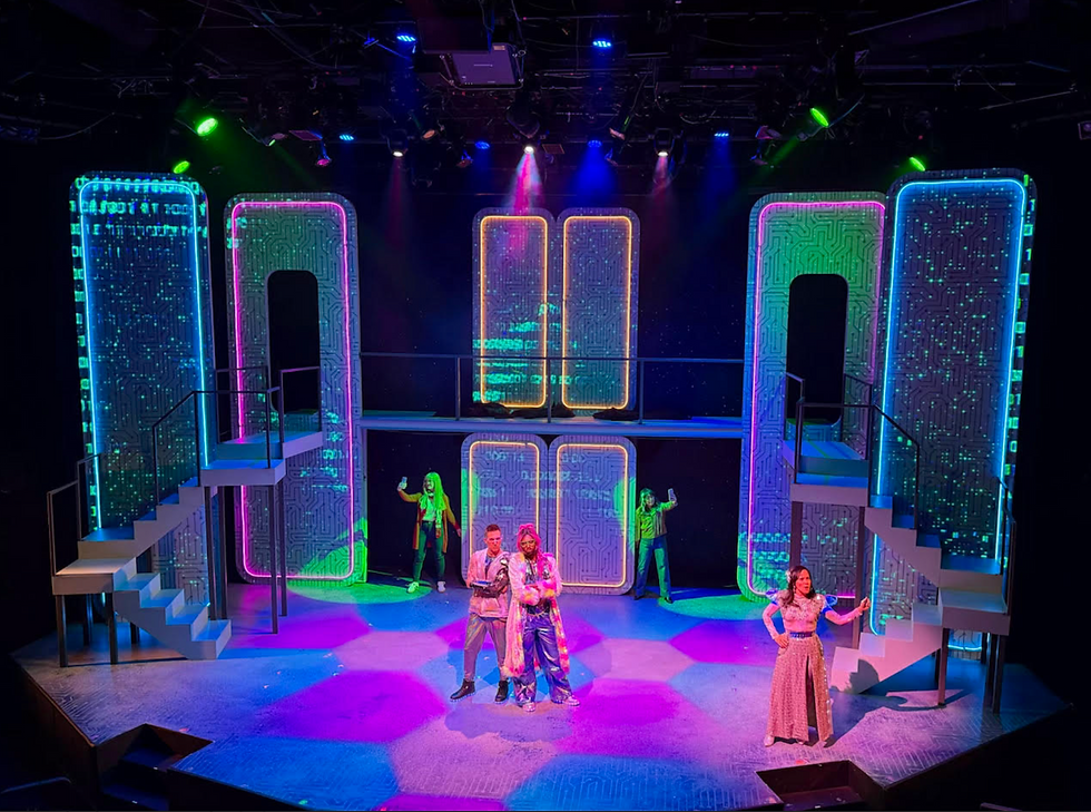 From left: Aynsley Bubbico (Jake's Mom), John Krause (Atlas), Mitchell Gerrard Johnson (Pacifica), Diana Huey (Katrina) and Lana McKissack (Luna) in "Millennials Are Killing Musicals" at The Colony Theatre (Photo by Ashley Erikson)