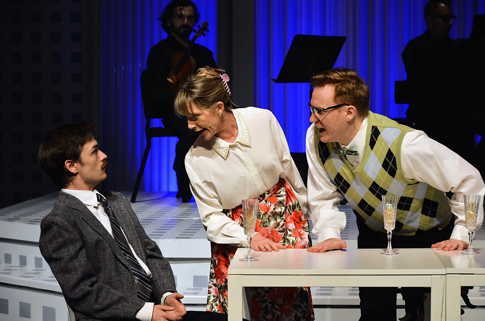 From left: Will Riddle, Erika Schindele and Michael Deni in “I Love You, You’re Perfect, Now Change” at International City Theatre. Photo by Jordan Gohara.