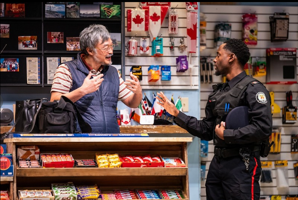 From left: Ins Choi (Appa) and Brandon McKnight (Alex) in "Kim's Convenience" at Ahmanson Theatre (Photo by Dahlia Katz)