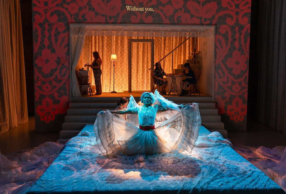 Foreground, from left: Ruth Livier (Josefa) and Sal Lopez (Serafina); background, from left: Brenda Banda (Mary), Zilah Mendoza (Grace), and Blanca Isabella Pallini (Lulu) in Latino Theater Company's "The Storyteller of East LA" (Photo by Grettel Cortes Photography)
