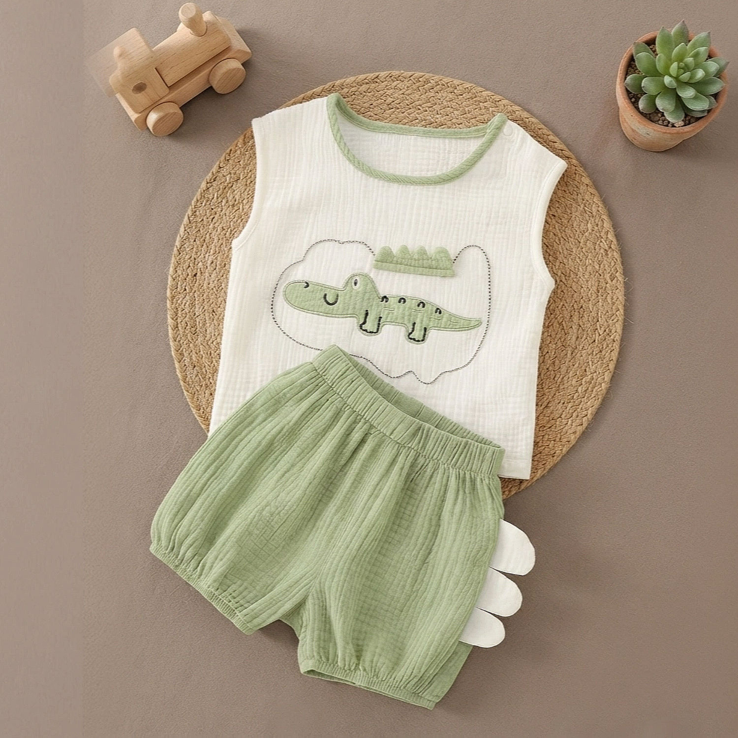 Conjunto para Niño de Algodón Gasa con Cocodrilo – Playera Blanca y Short Verde
