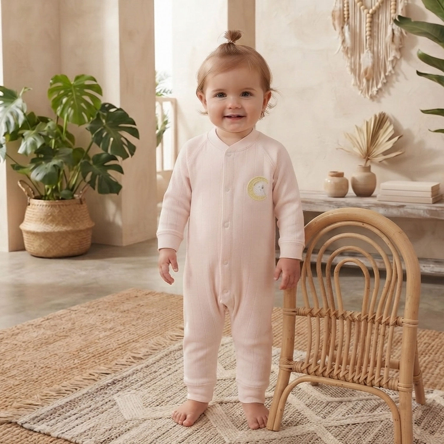 Mameluco Pijama Rosa Acanalado 100% Algodón con Luna | Premium para Bebé Niña