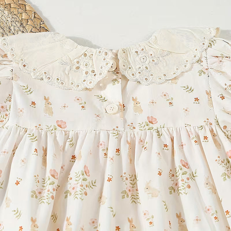 Thumbnail: Vestido para Niña de Algodón con Flores Rosas y Cuello de Encaje