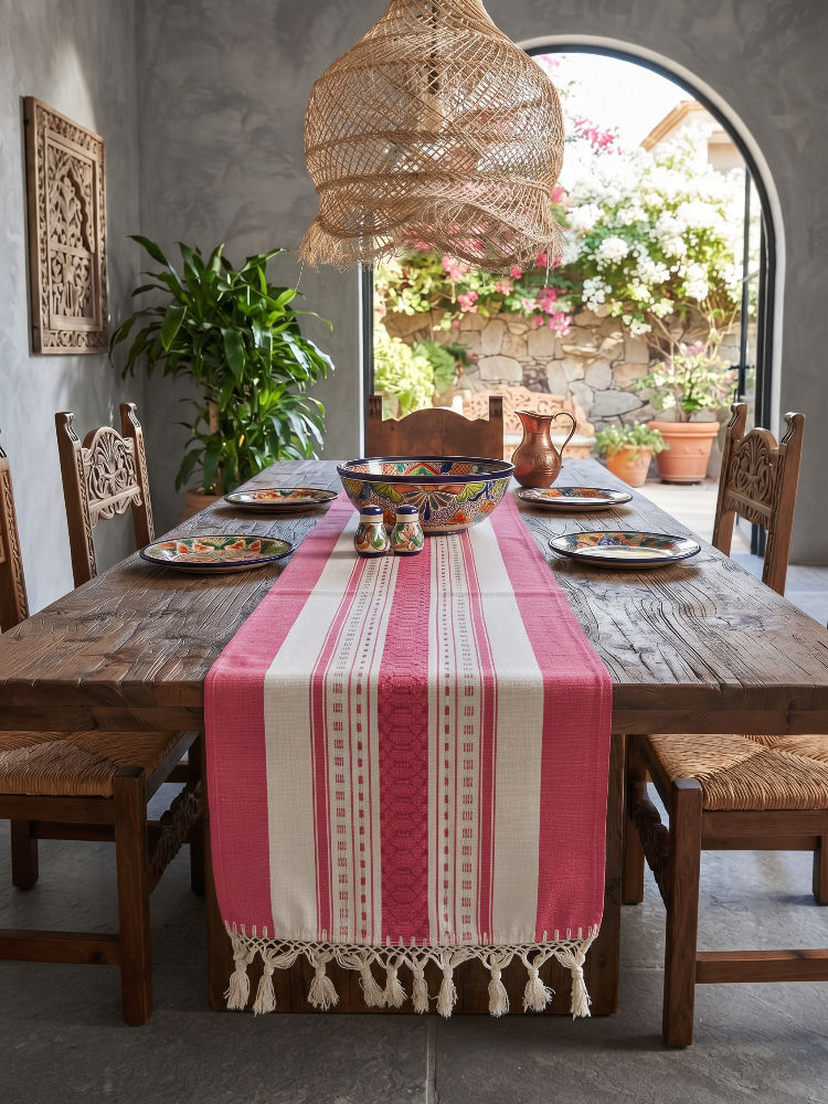 Camino de Mesa Rosa Intenso con Franjas Decorativas Blancas y Rosas