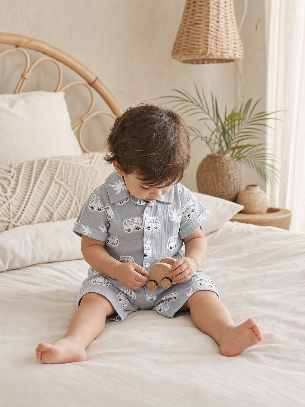 Thumbnail: Conjunto para Bebé Niño de Algodón – Camisa Gris y Short con Diseño de Autobús