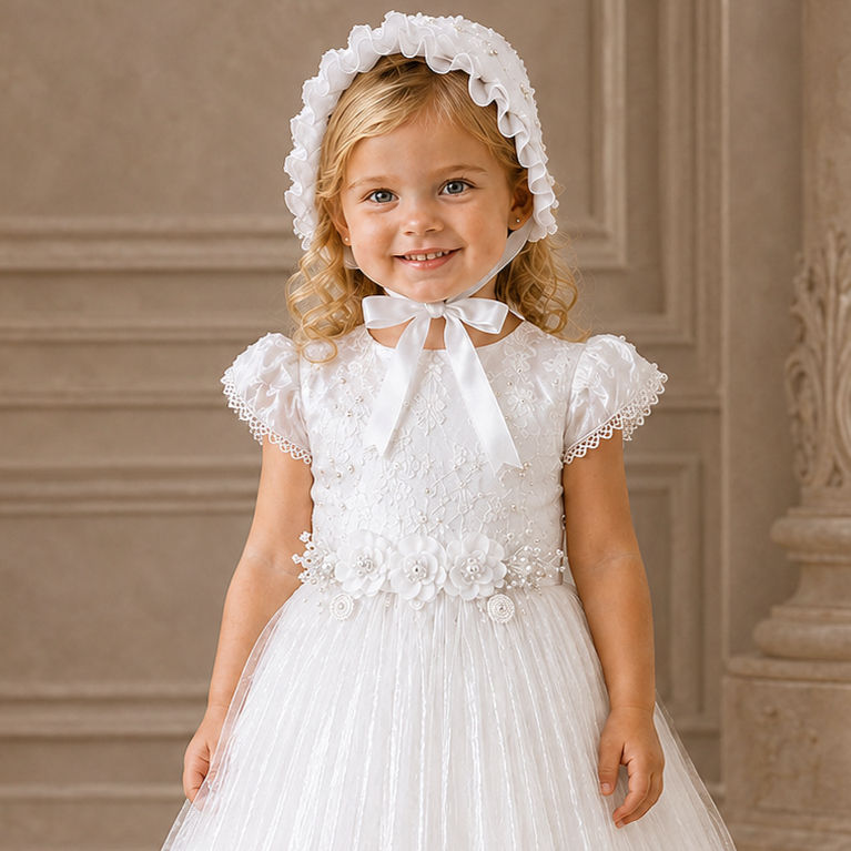 Vestido de Bautizo para Niña con Encaje, Perlas y Cristales