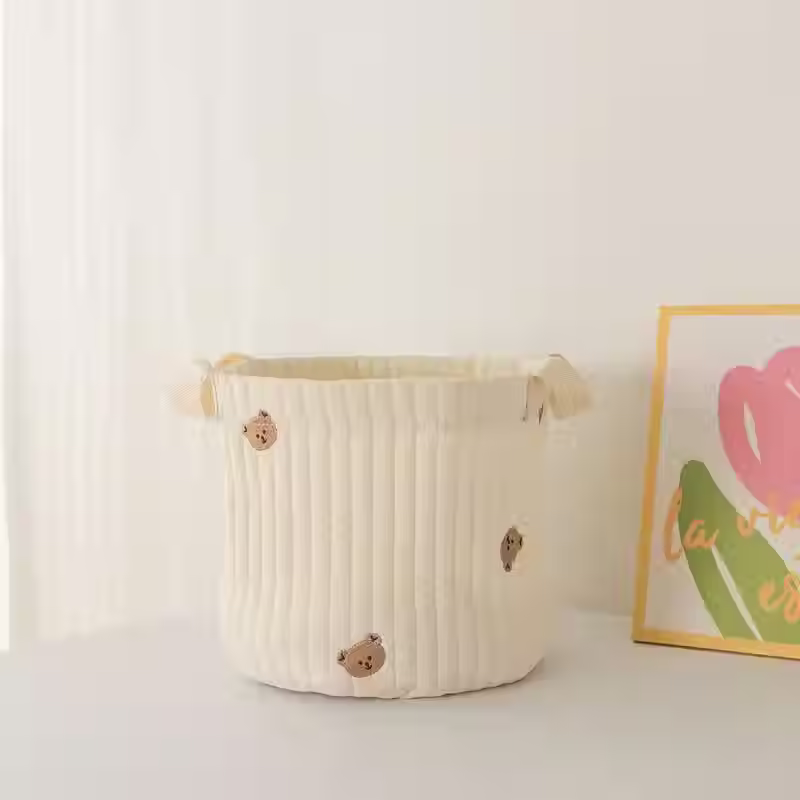 Canasta Organizadora de Tela para Bebé | Beige con Ositos | 28 x 22 cm