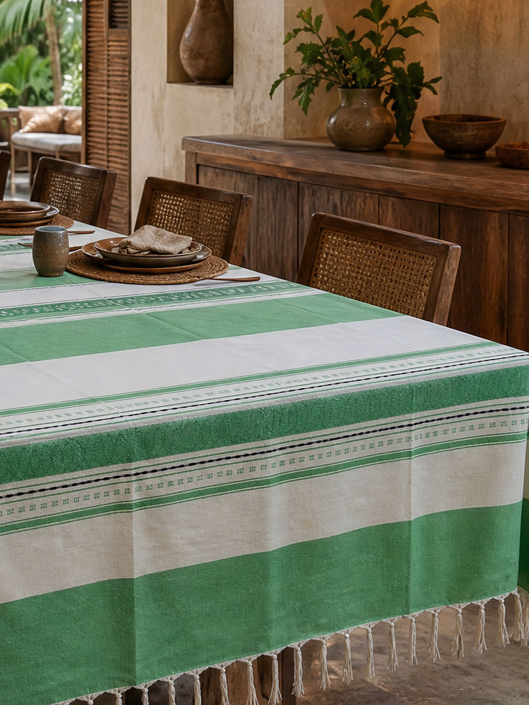 Mantel Mexicano Verde y Blanco de Algodón