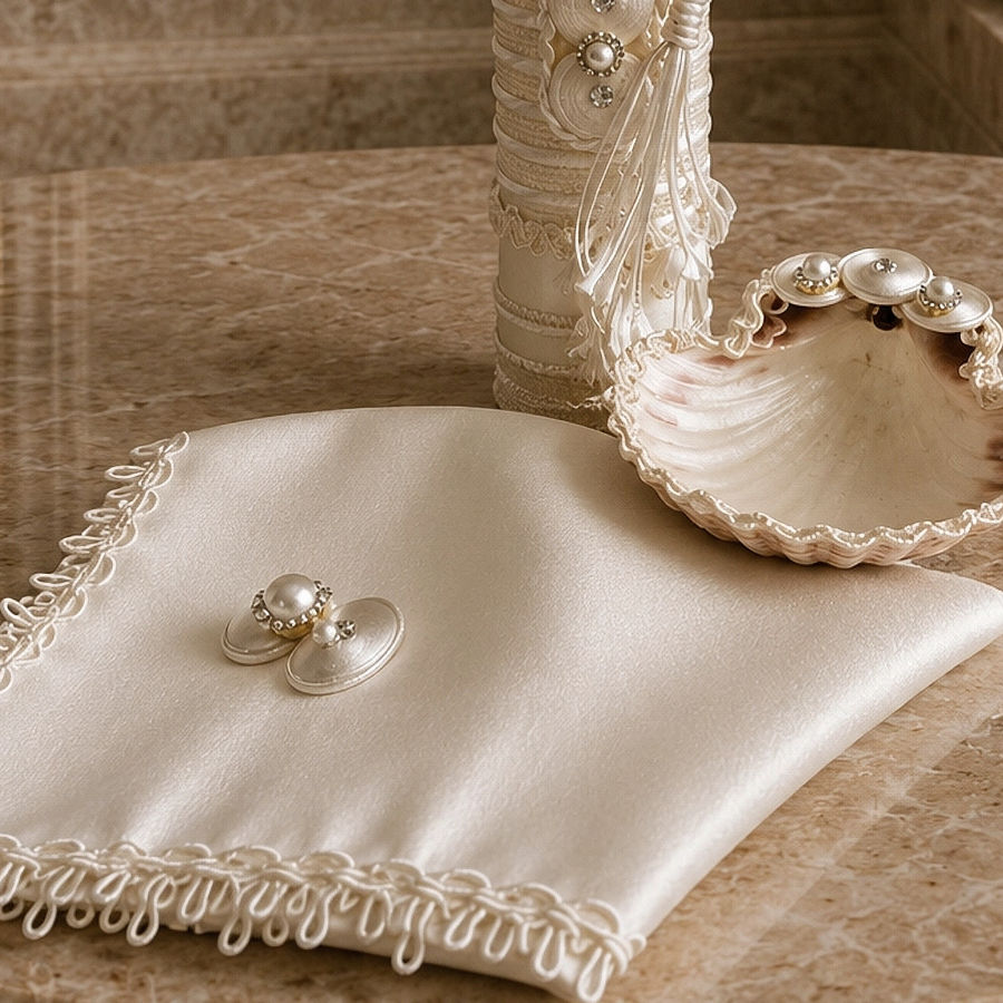 Kit de Vela para Bautizo Artesanal Blanco y Beige para Niño con Cruz y Perlas