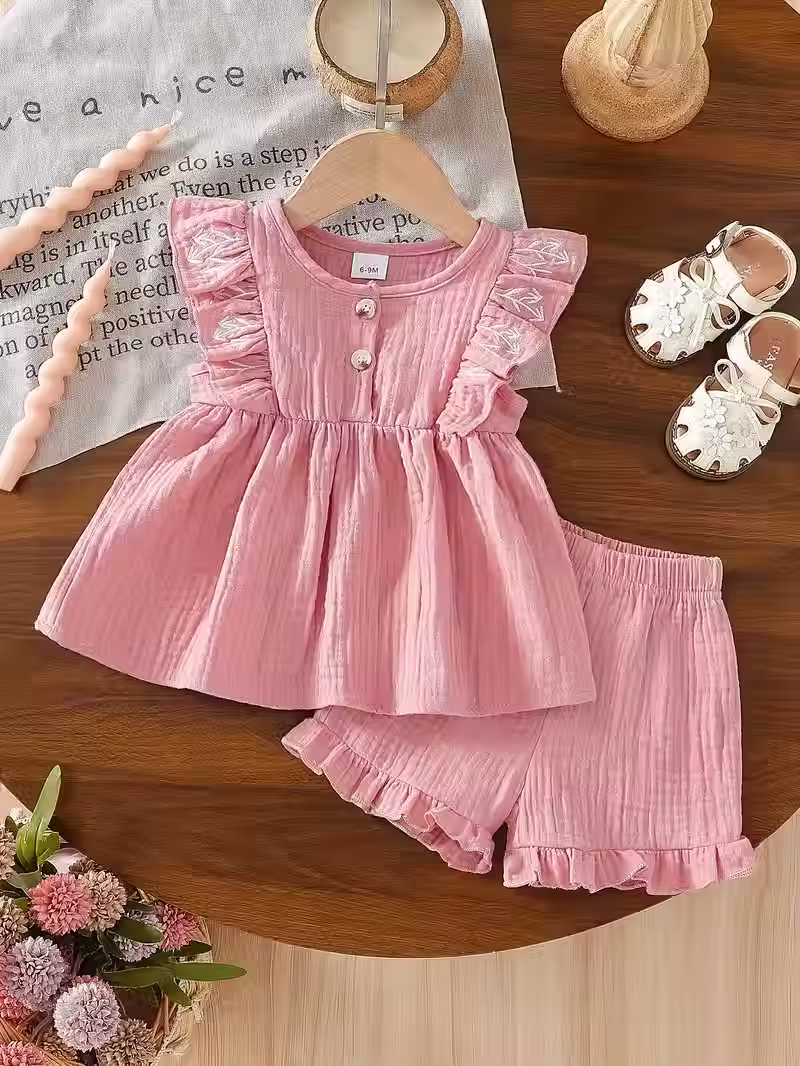 Miniatura: Conjunto para Bebé Niña Rosa con Bordado y Olanes 100% Algodón Gasa