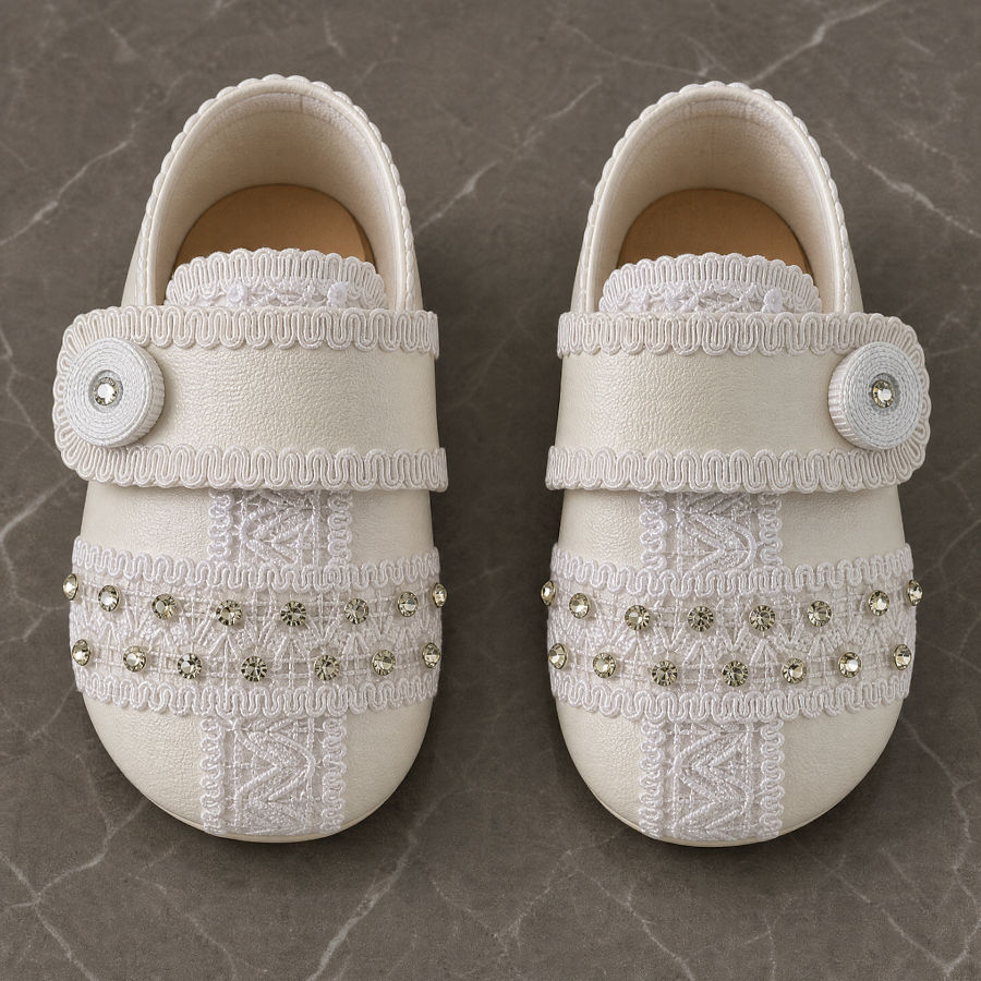 Zapatos de Bautizo para Niño Beige con Encaje en Cruz y Cristales