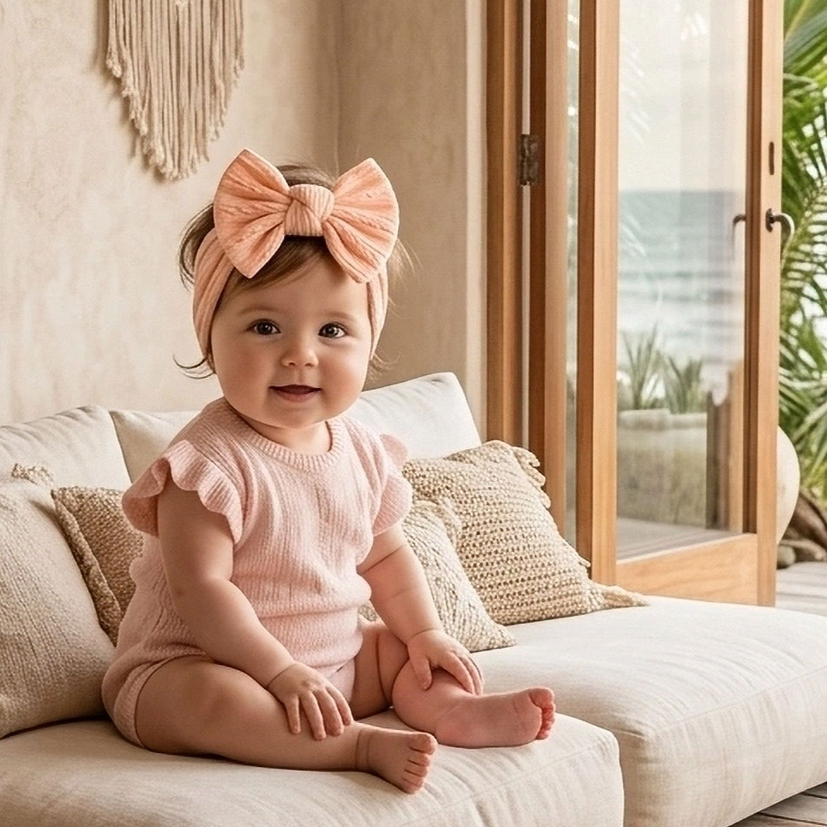 Diadema para bebé con moñito color durazno – ajuste 50 cm
