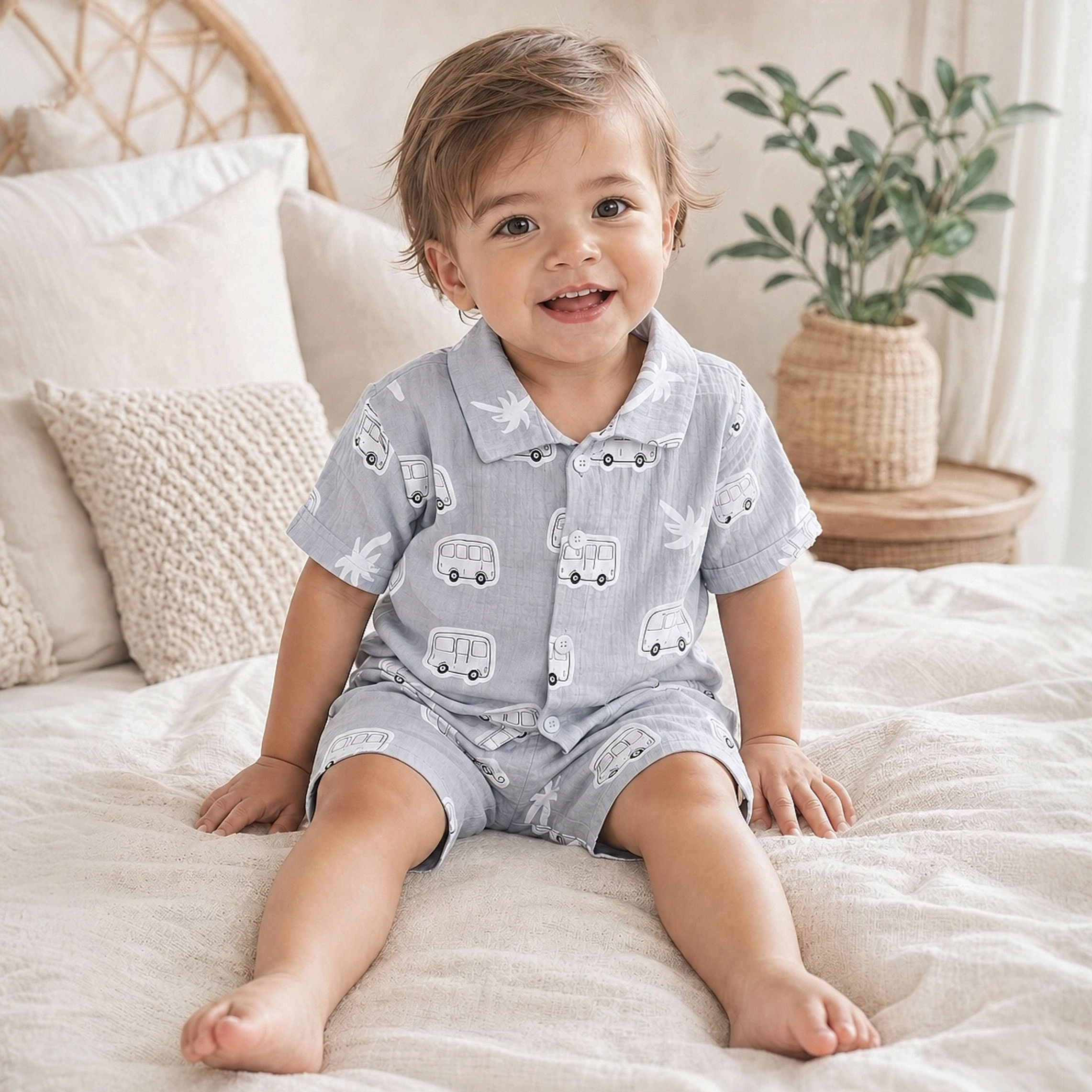 Conjunto para Bebé Niño de Algodón – Camisa Gris y Short con Diseño de Autobús
