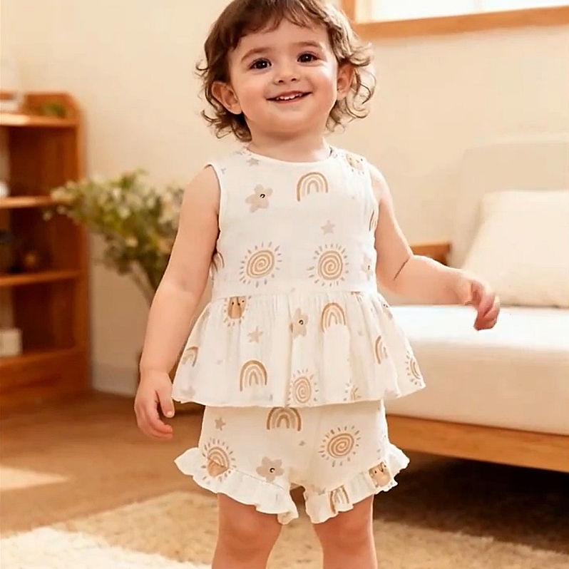 Miniatura: Conjunto de Verano para Bebé Niña 2 Piezas de Algodón Arrugado