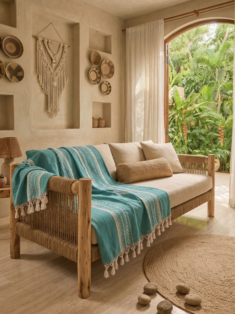 Colcha Turquesa con Franjas Decorativas - Artesanal Mexicana de Algodón
