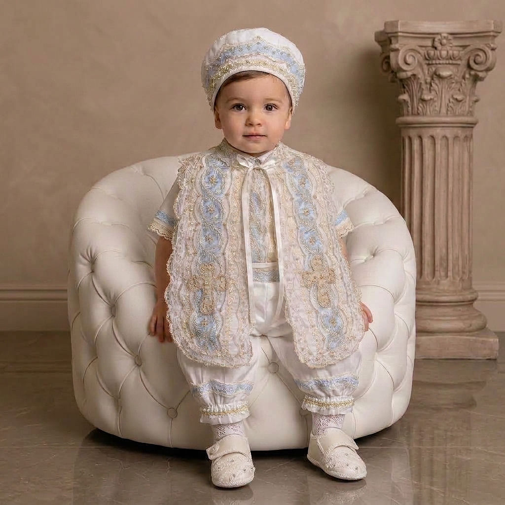 Ropón de Bautizo para Niño en Blanco, Azul y Beige con Estola Bordada y Perlas