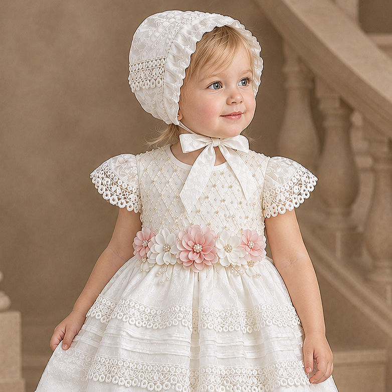 Ropón para Niña | Vestido Blanco de Bautizo con Flores y Encaje