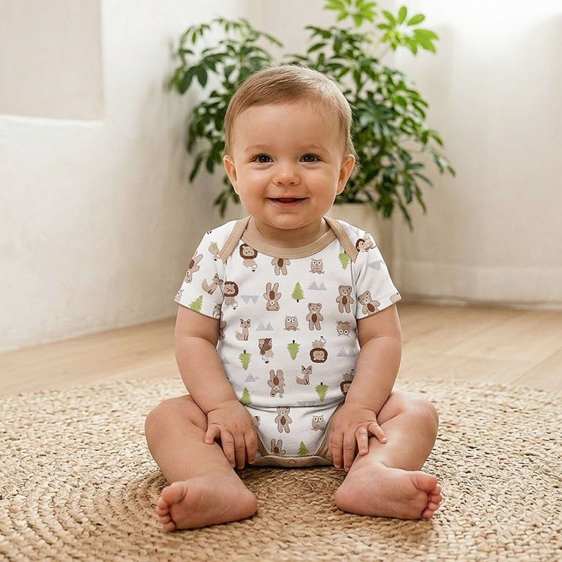 Body para Bebé Estampado de Bosque con Oso, Zorro y Búho, Manga Cort