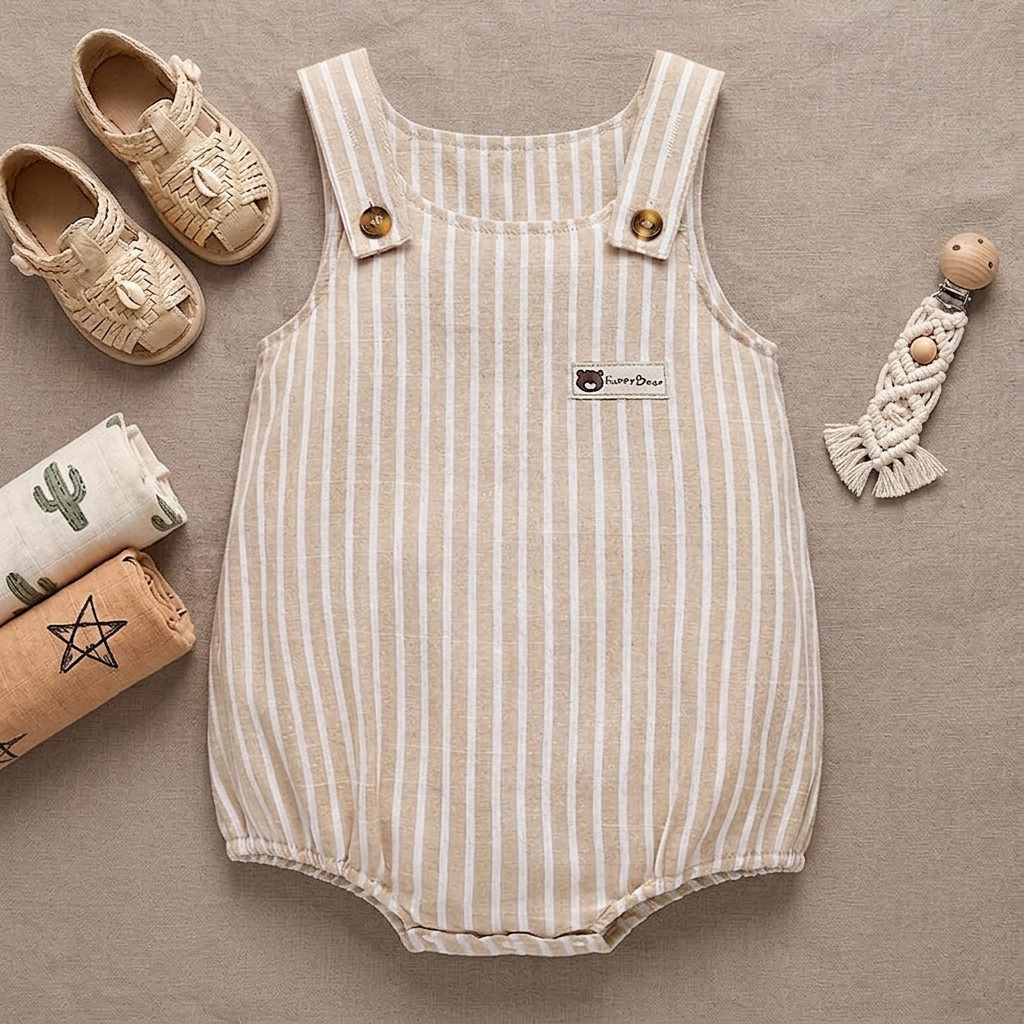 Ranita de Algodón 100% para Bebé con Tirantes Beige y Blancos