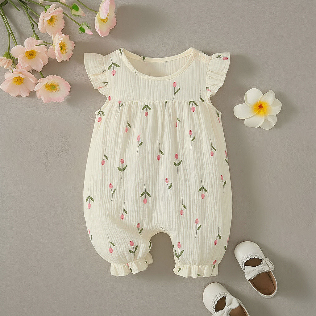 Mameluco para Bebé Niña 100% Algodón Gasa Color Mantequilla con Tulipanes Rosas