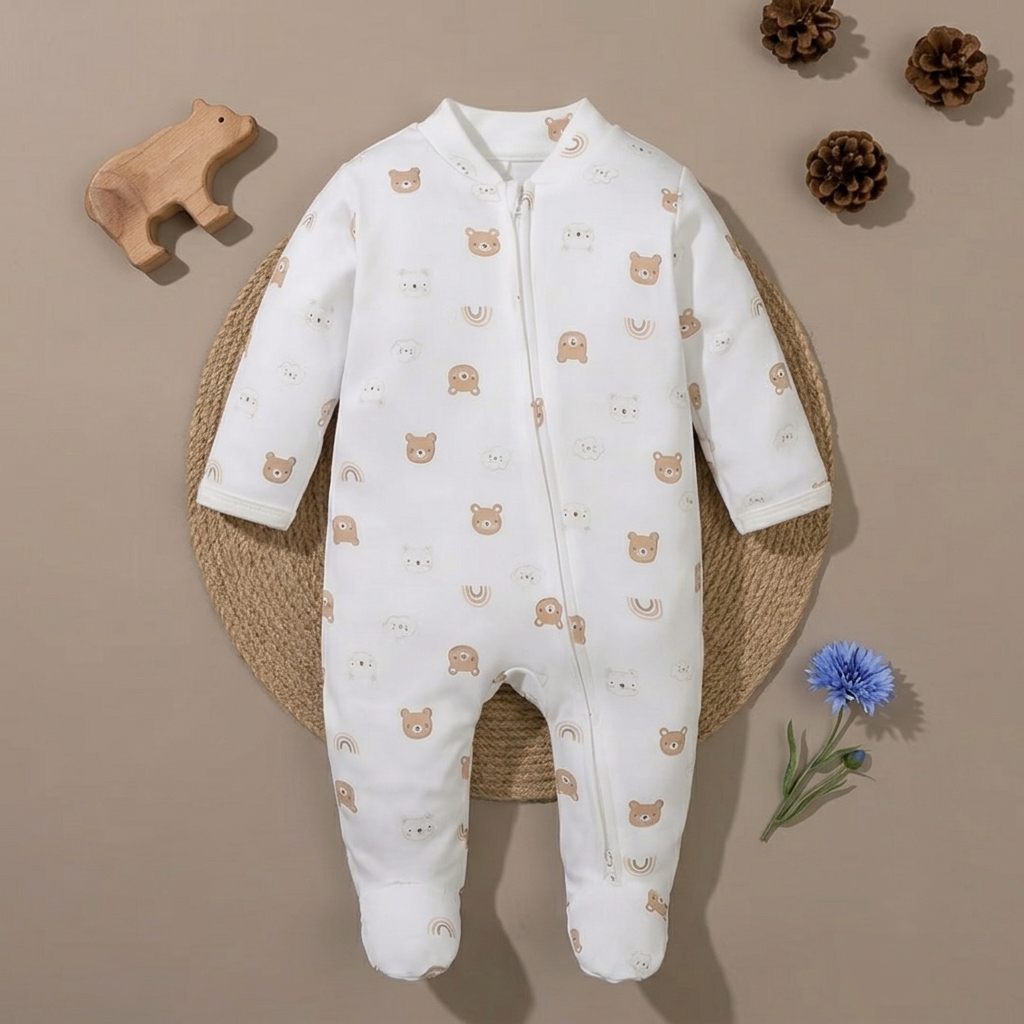 Mameluco Pijama para Bebé Niño con Cierre y Pie Estampado de Ositos