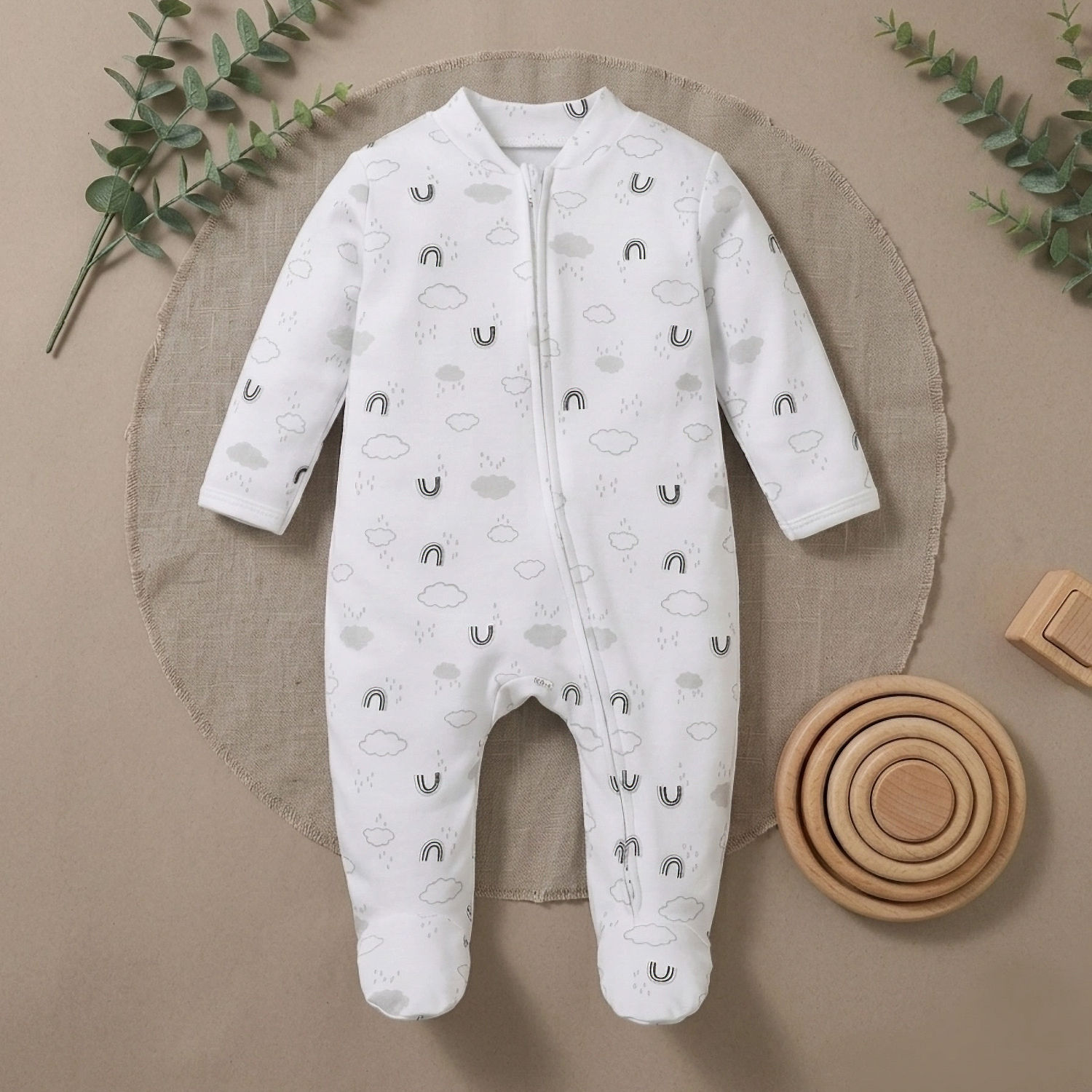 Mameluco para Bebé Niño de Algodón 100% con Cierre y Pie Estampado de Nubes