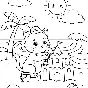 Dibujo para colorear de gato con castillo de arena