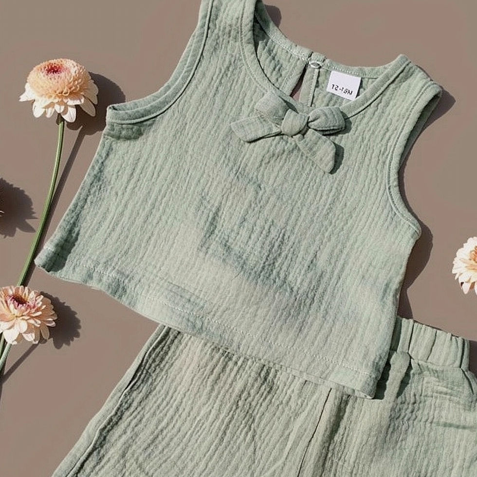 Miniatura: Conjunto para Bebé Niña 100% Algodón Gasa Verde – Blusa sin Mangas con Moño y Pa