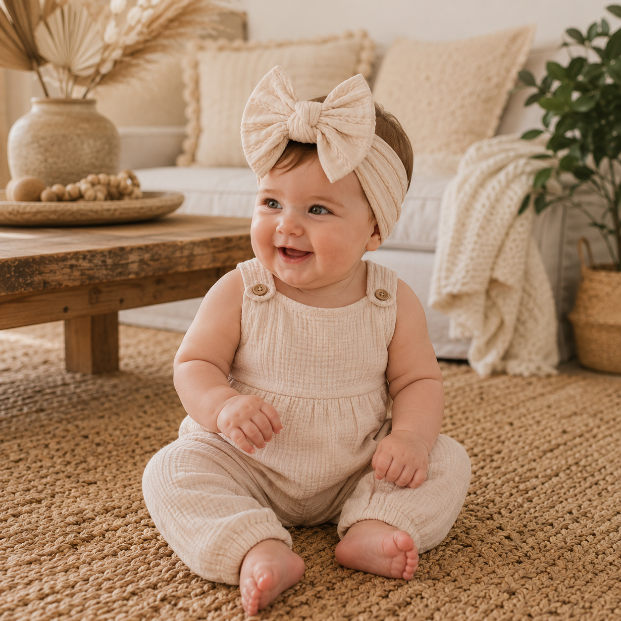 Diadema para Bebé con Moño Grande de Algodón Acanalado | Beige