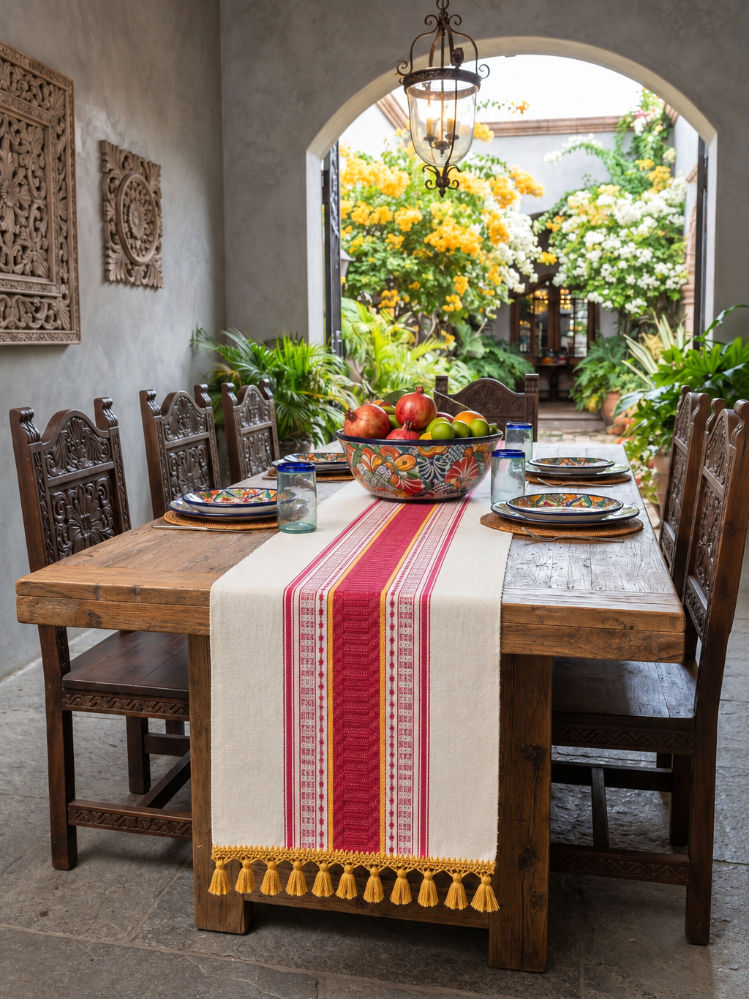 Camino de Mesa Artesanal Mexicano de Algodón Blanco con Franjas Rojas