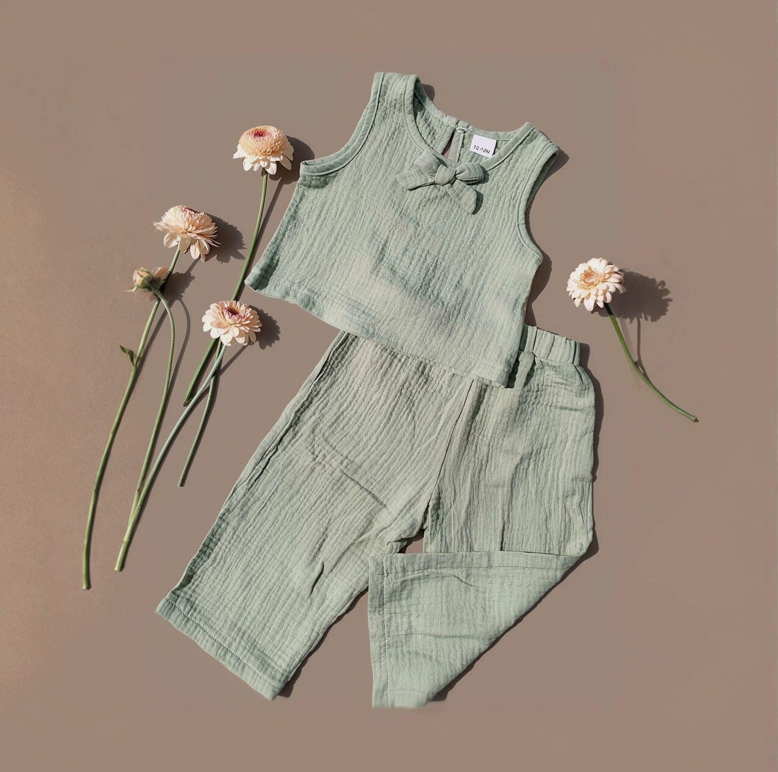 Conjunto para Bebé Niña 100% Algodón Gasa Verde – Blusa sin Mangas con Moño y Pa