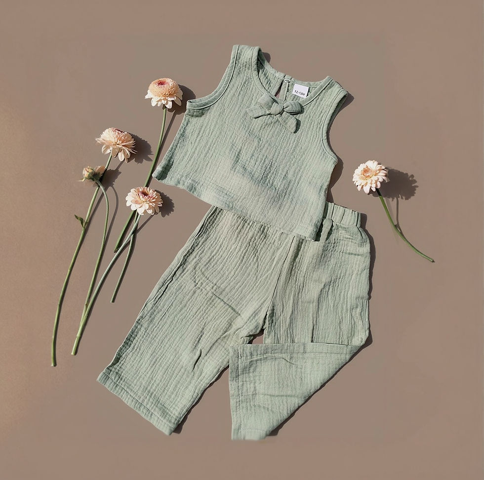Miniatura: Conjunto para Bebé Niña 100% Algodón Gasa Verde – Blusa sin Mangas con Moño y Pa