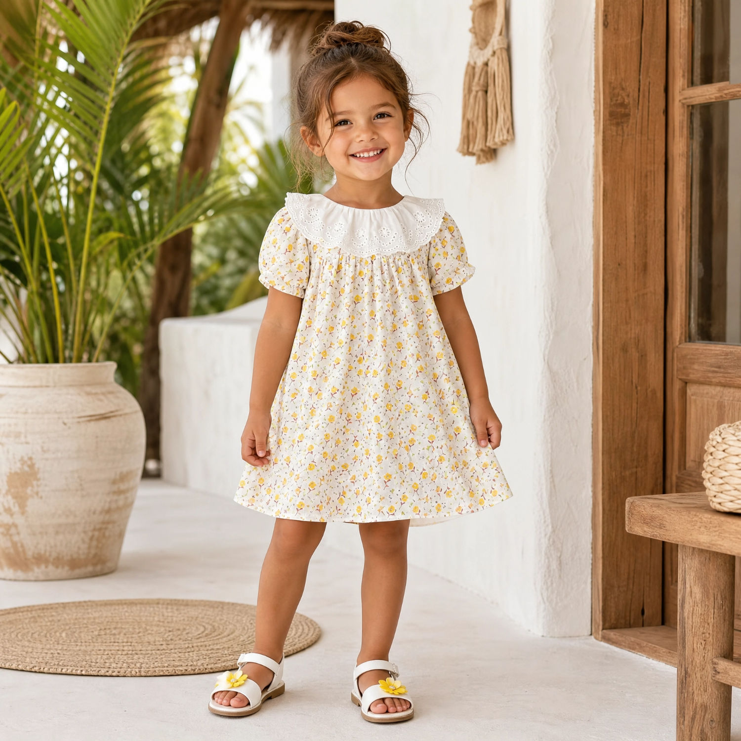 Vestido para Niña Blanco Outfit con Flores Amarillas y Cuello Bordado