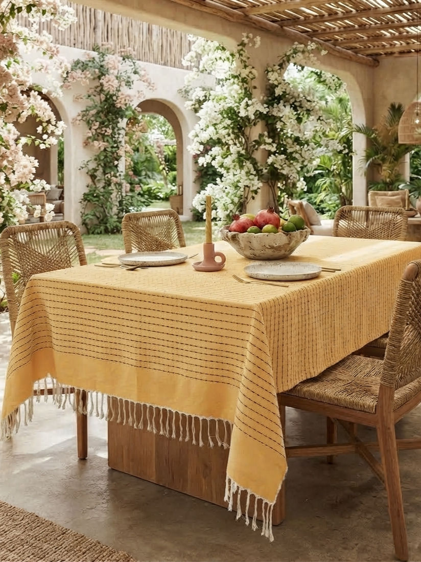 Mantel Mexicano de Algodón Mostaza con Líneas Negras y Flecos – Tejido Artesanal