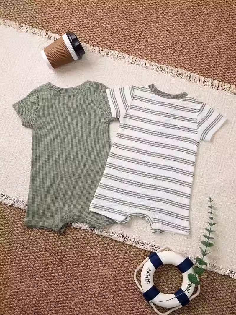 Thumbnail: Mameluco para Bebé de Manga Corta 100% Algodón Verde y Rayas Verde con Blanco