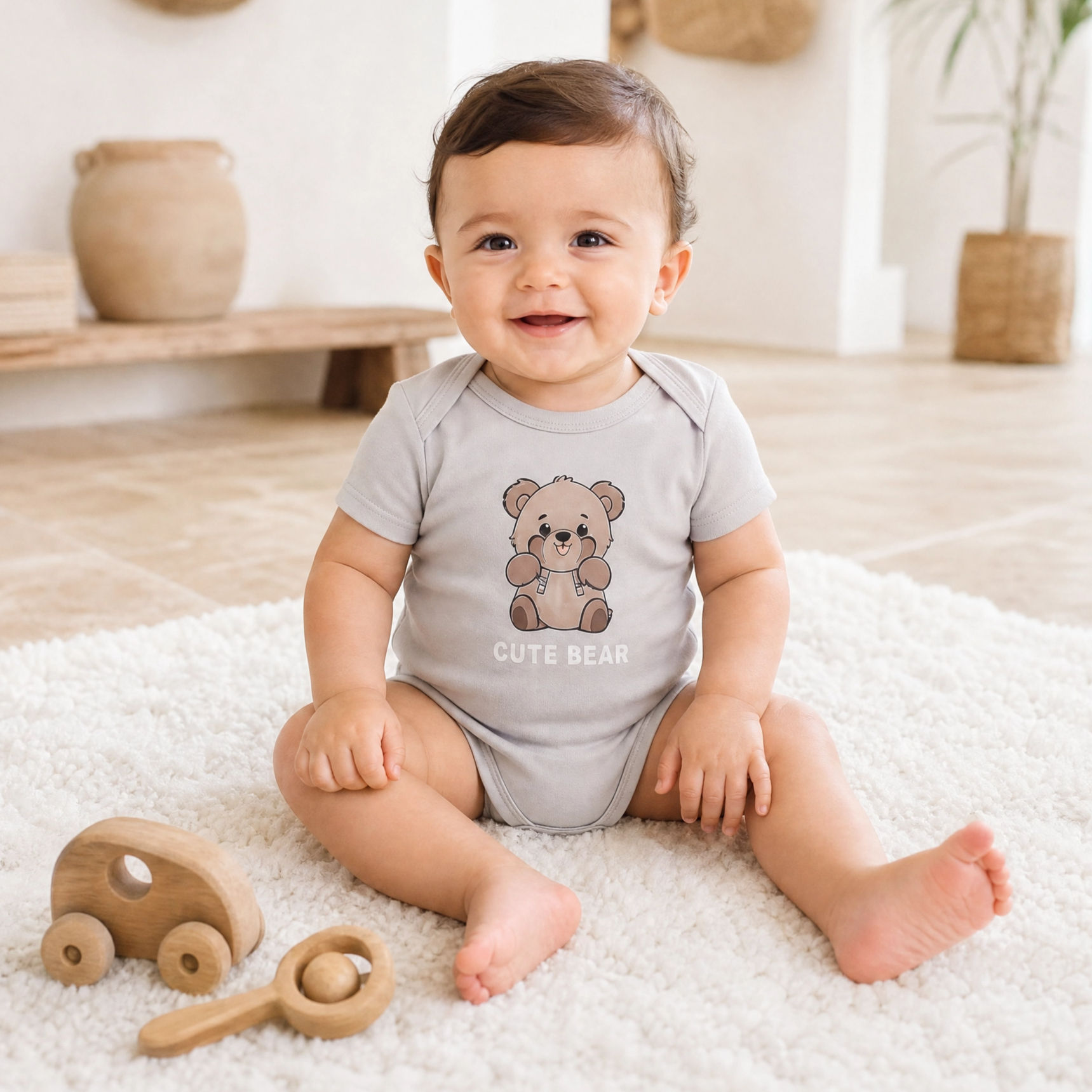 Body para Bebé Unisex 100% Algodón Gris con Estampado de Osito | Manga Corta