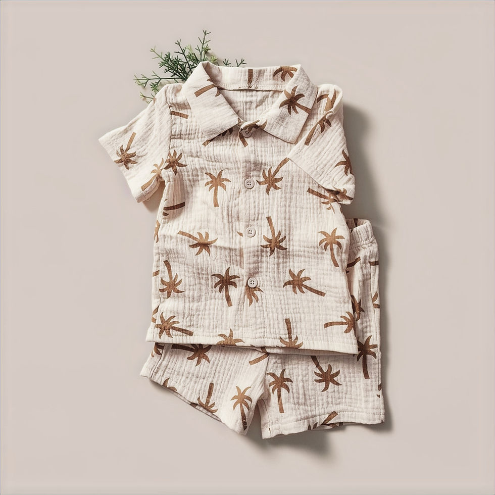 Miniatura: Conjunto de Verano para Bebé Niño 100% Algodón Gasa – Camisa Beige con Palmeras