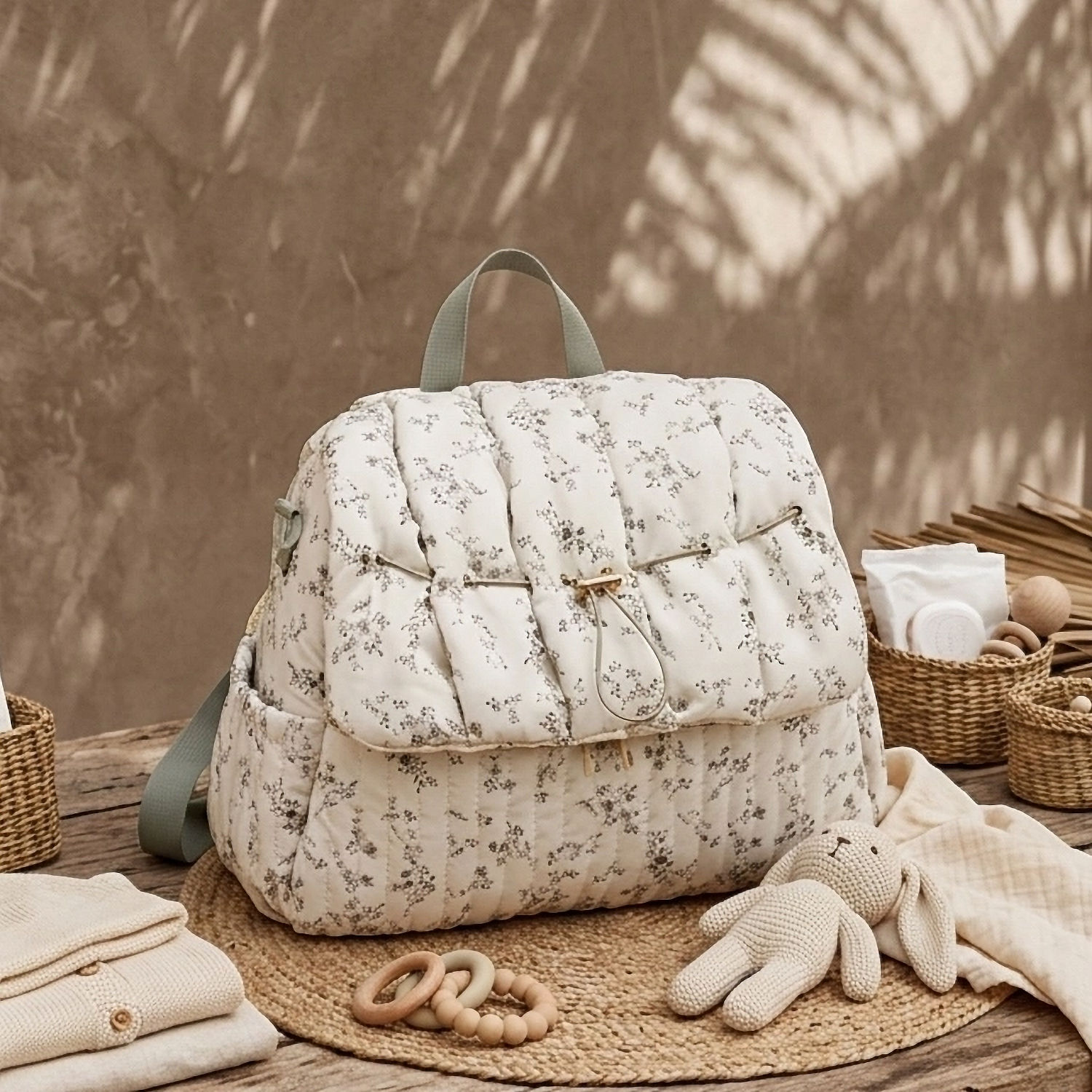 Mochila Pañalera Floral Verde para Bebé