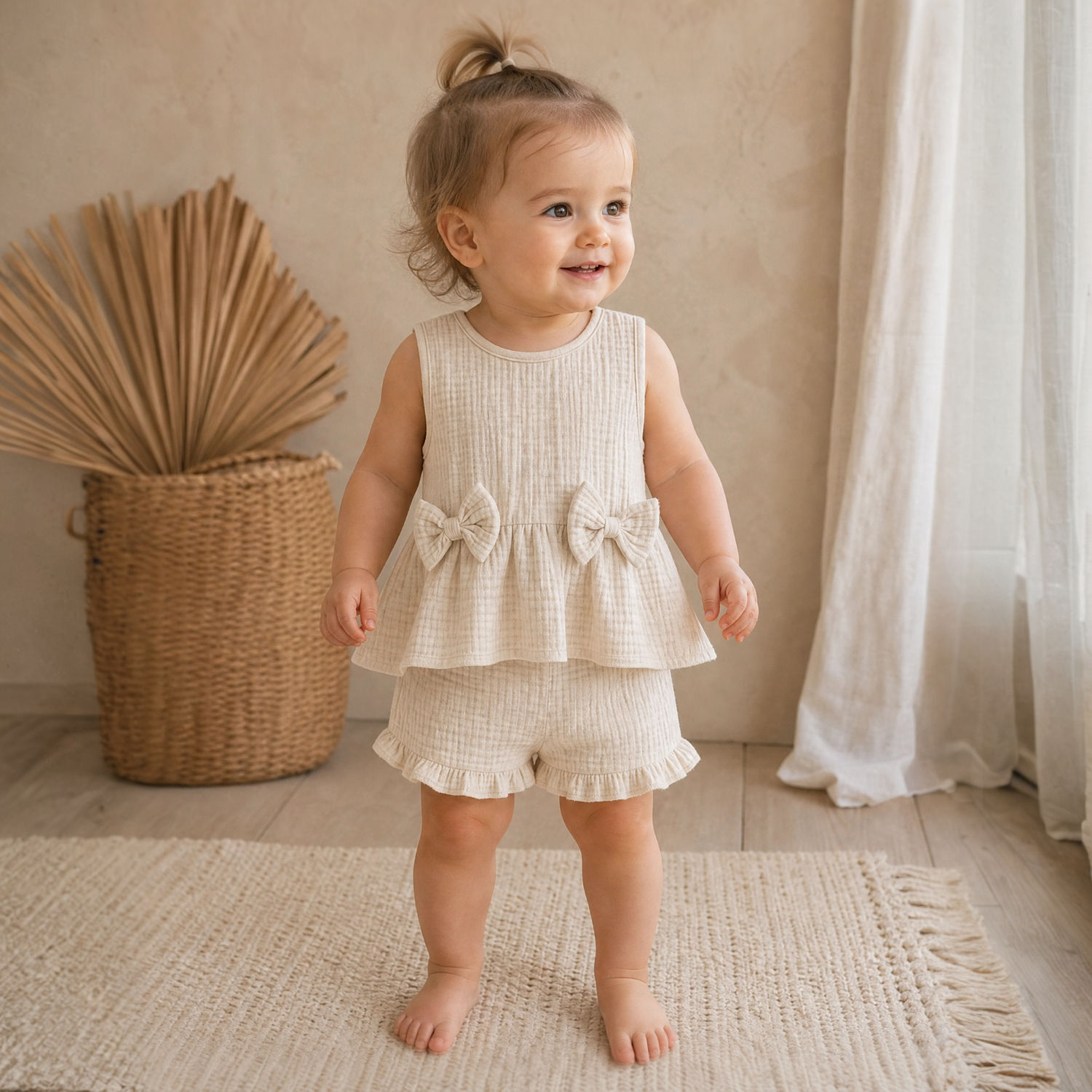 Conjunto para Bebé Niña 2 Piezas Beige de Algodón Gasa – Blusa Sin Mangas