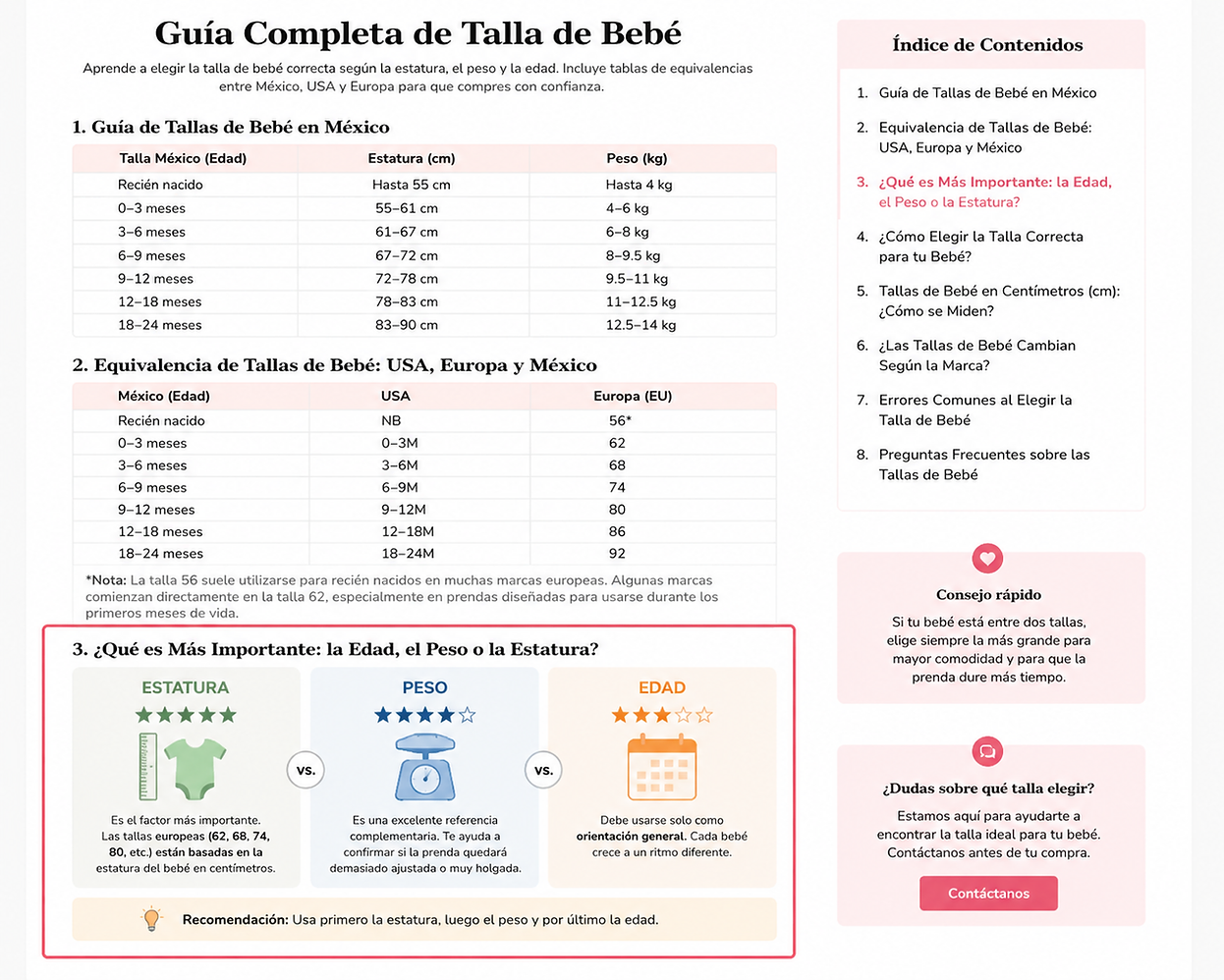Guía de Tallas de Bebé