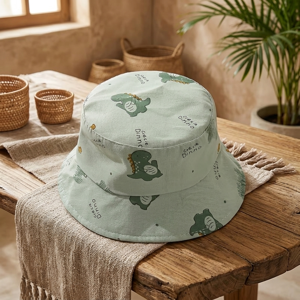 Sombrero Bucket para Niño de Algodón con Dinosaurio Verde