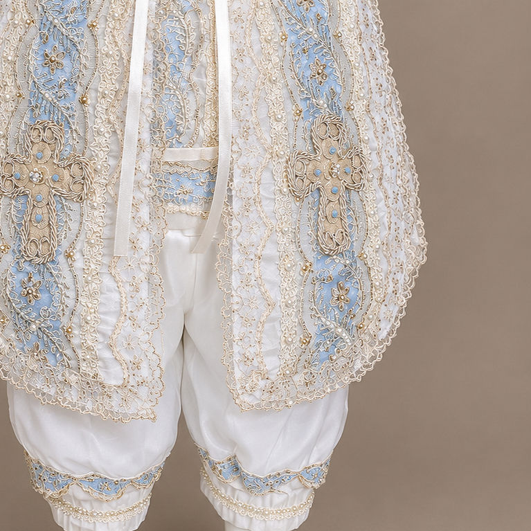 Ropón para Bautizo de Niño beige y azul