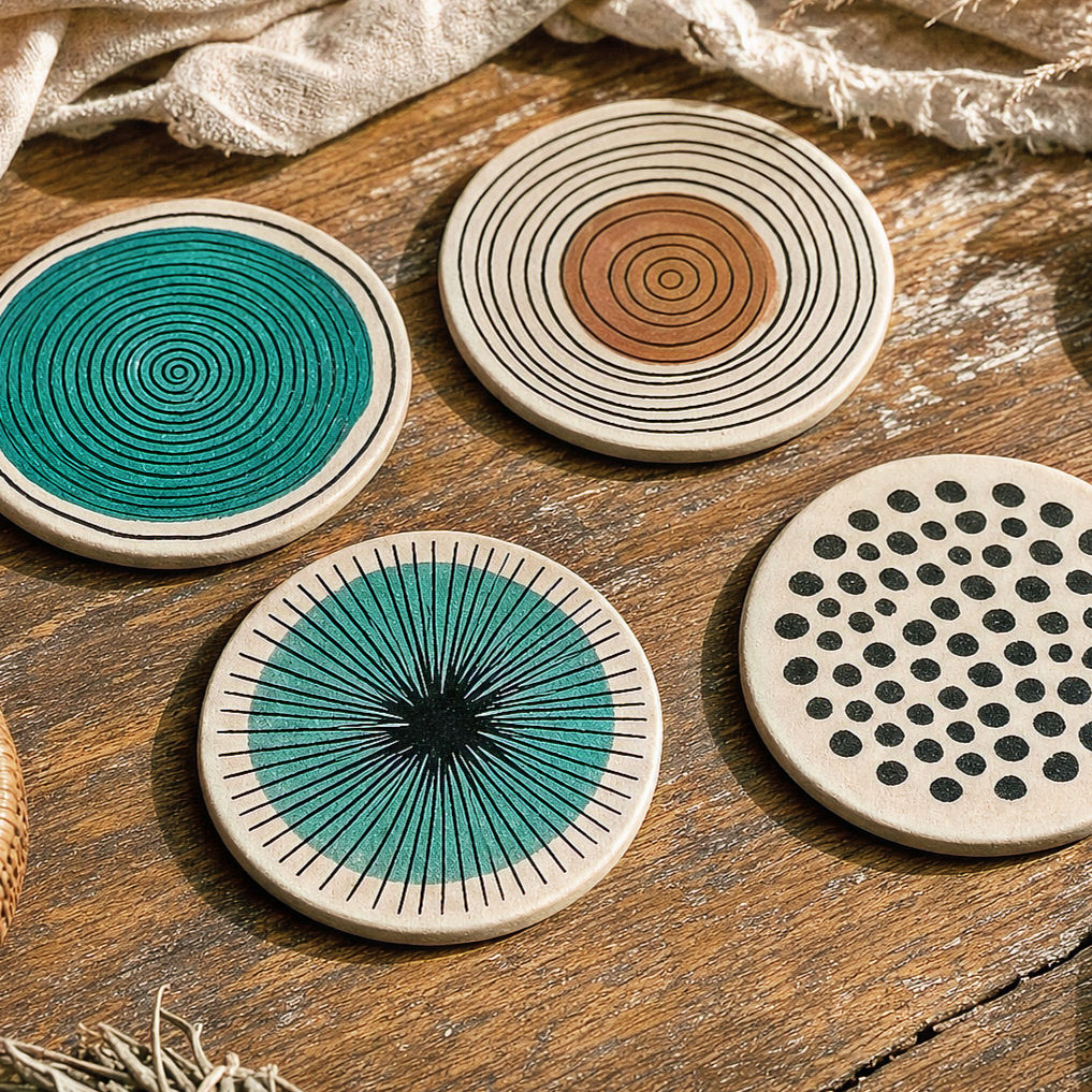 Set de 4 Portavasos de Madera con Diseño Geométrico Abstracto