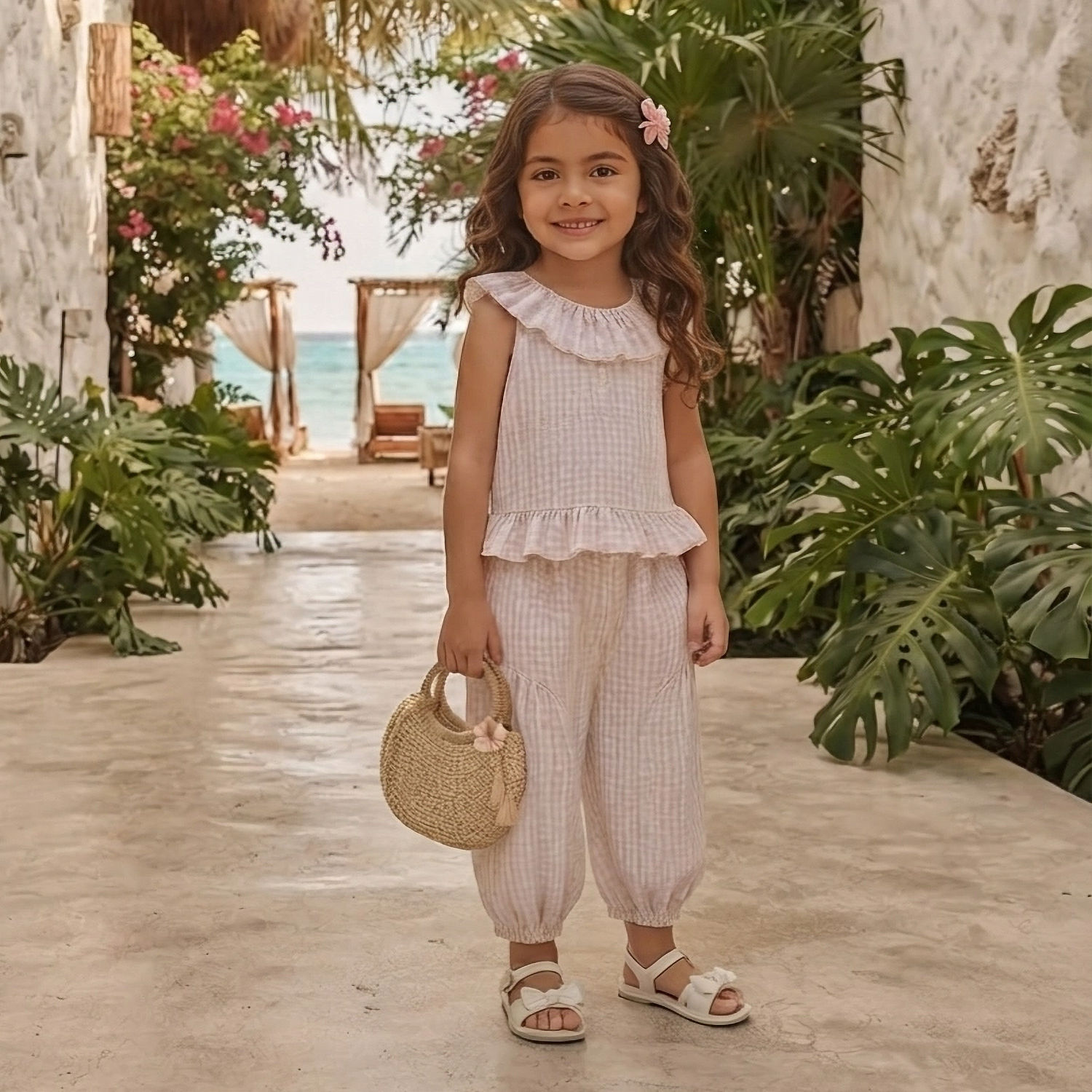 Conjunto de Algodón Gasa para Niña Color Durazno | Blusa con Olanes y Pantalón