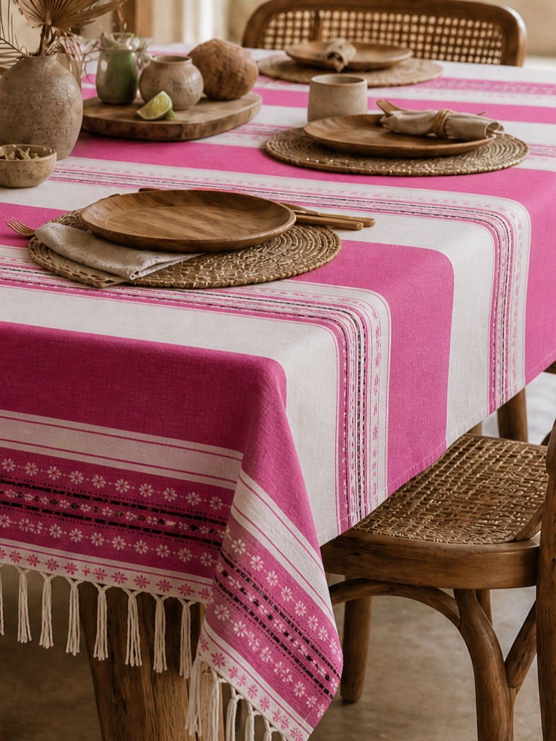 Mantel Mexicano Rosa y Blanco de Algodón | Hecho a Mano en Oaxaca