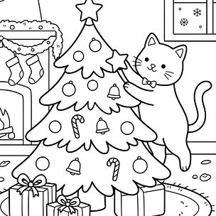 Dibujo para colorear de gato con arbol de navidad