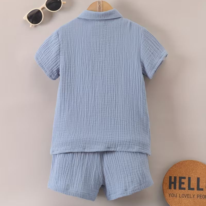 Conjunto para Bebé Niño de Algodón Gasa Azul Pizarra | Camisa y Shorts