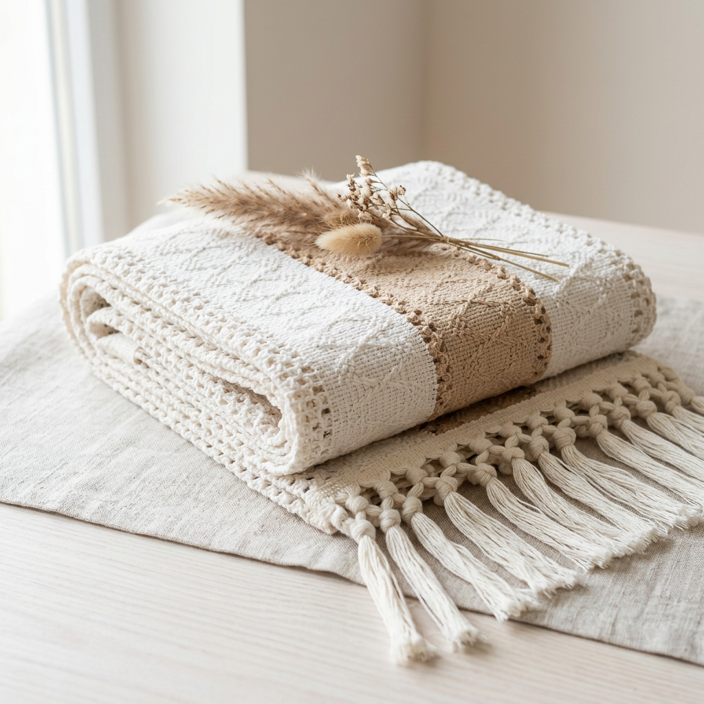 Camino de Mesa Beige con Centro Taupe y Bordes de Crochet con Flecos 30 x 183 cm