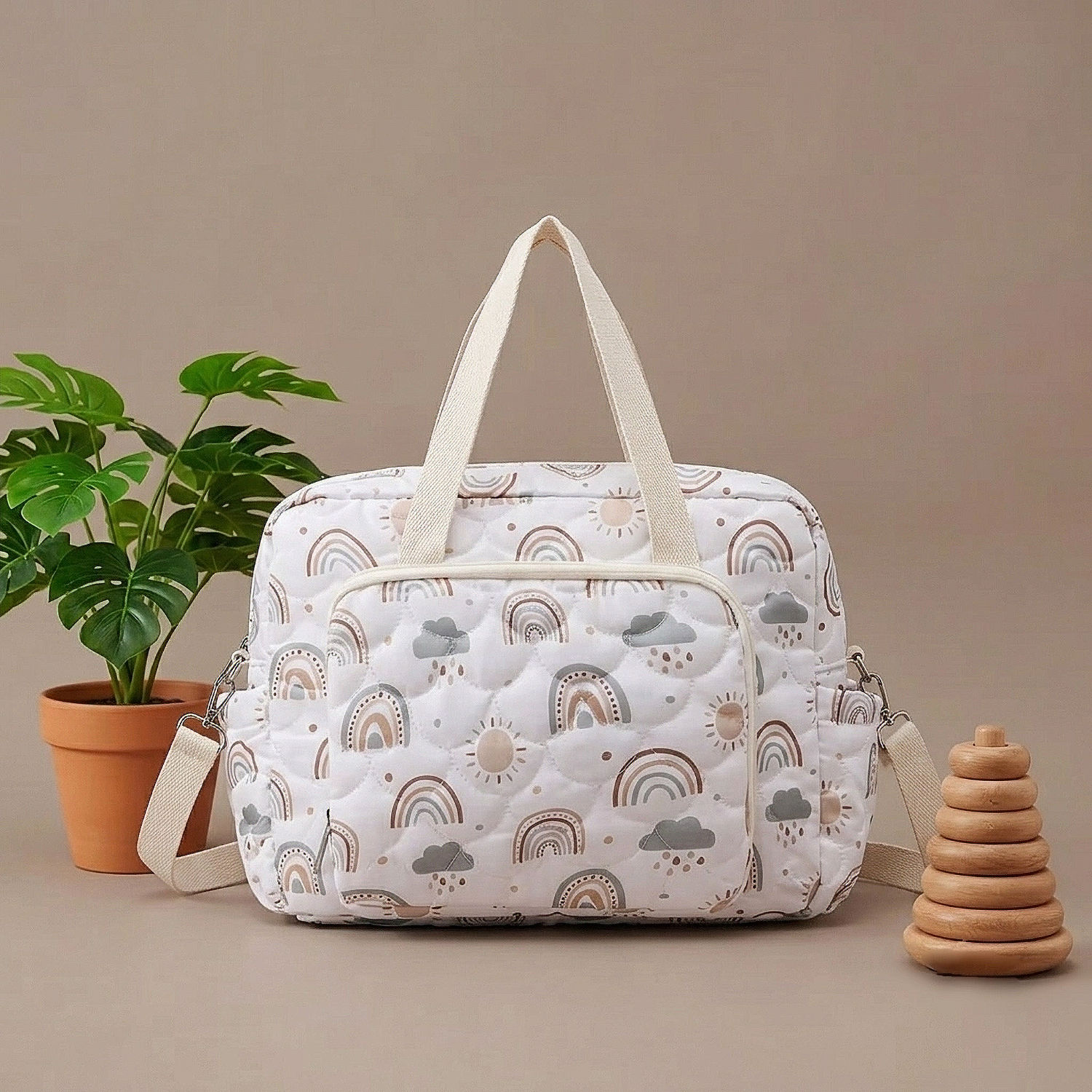Bolsa Pañalera Blanca con Estampado de Sol, Arcoíris y Nubes – Diseño Multiuso